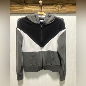 Pony Brand Gray and Black Colorblock chevron full zip cropped Hoodie Sz L Y2K